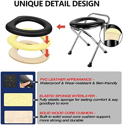 Upgraded Heavy Duty Stainless Steel Portable Toilet for Camping, Sturdy 350LBS Camp Toilet Portable, Portable Camping Toilet with Soft Seat/Toilet Bags, Black Folding Toilet for Hiking, Travel