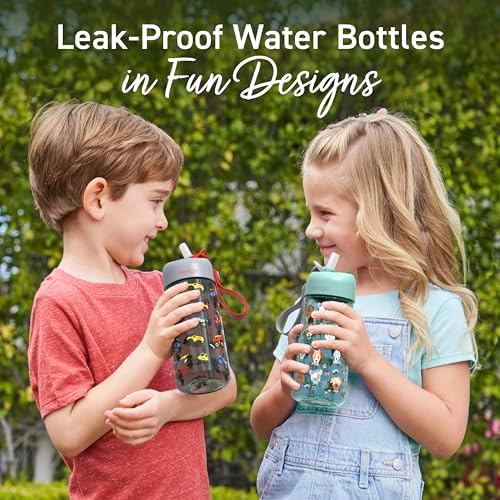 Bentgo Kids Water Bottle - Leak-Proof, Durable Tritan, BPA-Free 15 oz. Cup for Kids/Toddlers Ages 3+, Safe Sip Spout, Carrying Handle, & Dishwasher Safe for School, Sports, Daycare & Camp (Trucks)