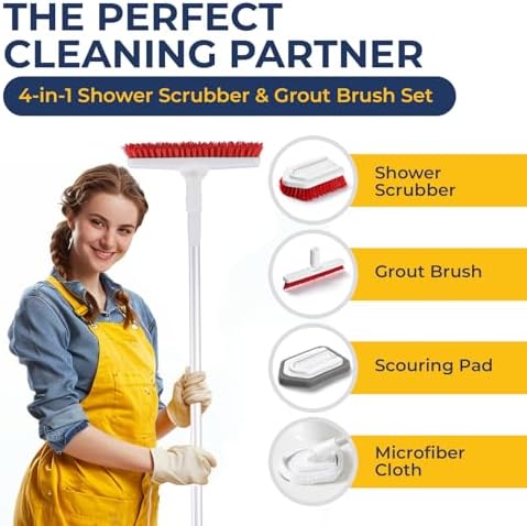 Shower Scrubber with Long Handle, Stiff Bristles Grout-Brush, Tub Scrub-Brush with Long-Handle, Shower-Cleaner Brush, Grout Cleaning Brush for Tile floors, Scouring Pad & Microfiber Cloth for Bathroom