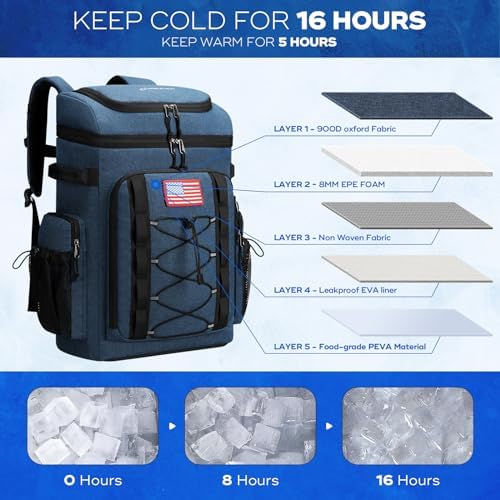 Maelstrom Backpack Cooler,Soft Lightweight Leakproof Cooler Backpack,50 Can Insulated Cooler Bag,Keeps 50 Cans Hot/Cold for Up to 16 Hours,Waterproof Lunch Backpack for Men Women-Blue