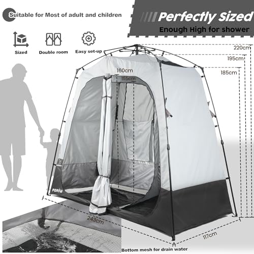 Camping Shower Tent Deluxe Changing Room Easy Set Up Privacy Shelter,Large Toilet Tent 2 Rooms with Floor Drain Design for Beach, Camping,Hiking with Stakes and Ropes for Stability