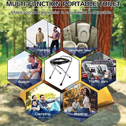 Upgraded Heavy Duty Stainless Steel Portable Toilet for Camping, Sturdy 350LBS Camp Toilet Portable, Portable Camping Toilet with Soft Seat/Toilet Bags, Black Folding Toilet for Hiking, Travel