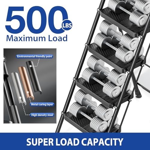 KINGRACK Folding 4 Step Ladder, Portable Ladder for Multi-Purpose, Home, Kitchen, Heavy Sturdy Steel Step Stool with Anti-Slip Wide Pedals, Handrail, Safe-Lock Design, Pass 500lbs Load Testing, Black