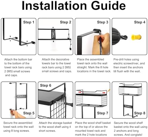Wall Mounted Towel Rack for Bathroom - Bath Storage Holder Set Above Toilet, Rolled Towel Shelf Organizer, Wood Vertical Rack for Small Bathroom Decor, Black