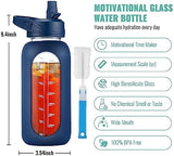 CIVAGO 32 oz Glass Water Bottle with Straw and Handle, Large Sports Motivational Water Bottle Flask with Time Marker and 2 Lids, Leakproof Water Jug Canteen with Silicone Sleeve for Gym,Navy