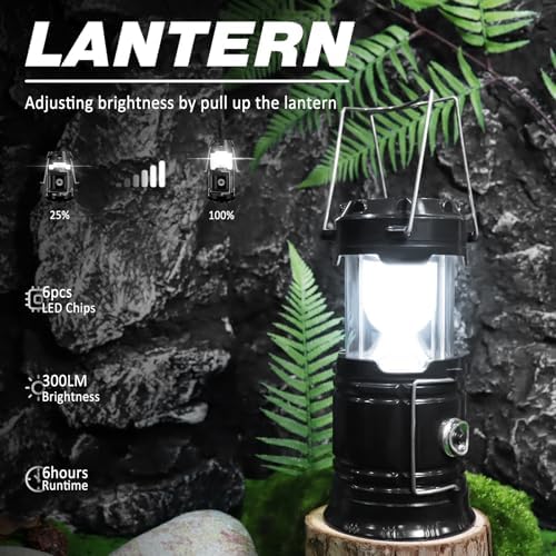 DIBMS 2-Pack Solar Camping Lantern, Collapsible LED Solar USB Rechargeable Lantern Flashlight Emergency Hanging Lights for Camping Hurricanes Power Outages Indoor Outdoor