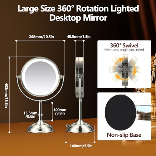 20x Large Lighted Makeup Mirror, Rechargeable 8.6" Magnifying Makeup Mirror, 30-Minute Timer,3 Color Modes, Adjustable Brightness, No Assembly Required, 360° Rotation Cosmetic Mirror, Pearl Nickel