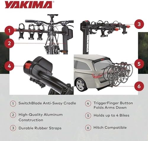YAKIMA DoubleDown 4 - Tilting Hitch-Mounted Bike Rack for Cars, SUVs, Trucks and More, Fits 1.25” and 2” Hitches, Anti-Sway and Folding Arms, Carries 4 Bikes
