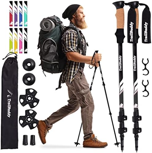 TrailBuddy Trekking Poles - Lightweight, Collapsible Hiking Poles for Snowshoe & Backpacking Gear - Pair of 2 Walking Sticks for Hiking, 7075 Aluminum with Cork Grip
