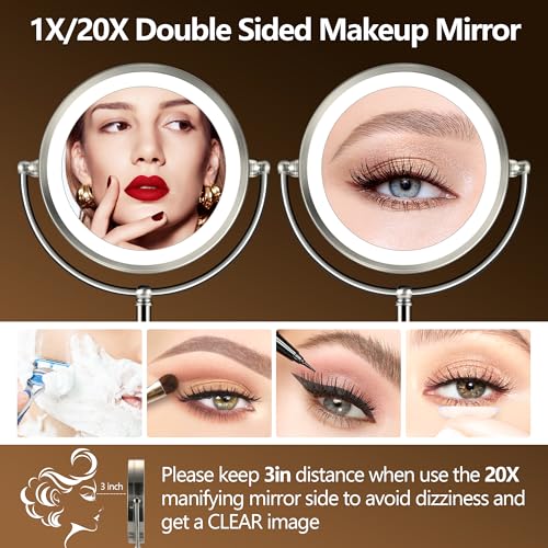 20x Large Lighted Makeup Mirror, Rechargeable 8.6" Magnifying Makeup Mirror, 30-Minute Timer,3 Color Modes, Adjustable Brightness, No Assembly Required, 360° Rotation Cosmetic Mirror, Pearl Nickel