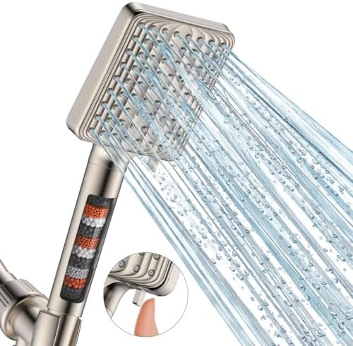 Filtered Shower Head - 6 Modes High Pressure Handheld Shower Head with Filter Mineral Beads, Detachable Handheld Showerhead Set with Stainless Steel Hose and Shower Arm Bracket (Brushed Nickel)