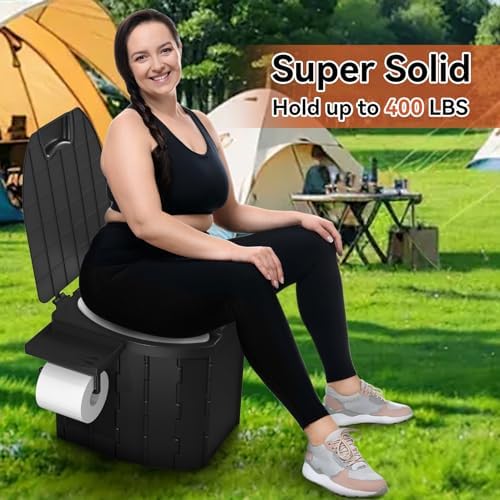 Portable Camping Toilet Upgraded Soft Camp Toilet Seat with Paper Holder- Travel Potty Perfect for Emergency Preparedness, Backcountry, Car, Boat, Road Trips. (BLACK)