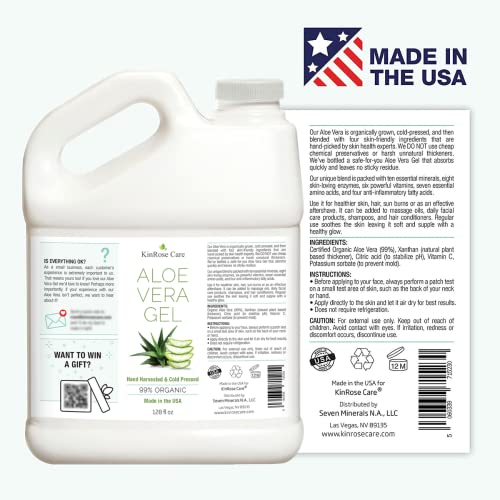 KinRose Care Aloe Vera Gel Organic Gallon for Face, Skin, Hair & Sunburn Relief 100 Percent Pure Aloe Vera Gel Bulk Wholesale - Cold Pressed, Vegan, Unscented - Made in USA (128 Fl Oz)
