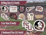 Florida State Stickers (14 Piece) FSU Gifts for Men Football Fans for Car Laptop Water Bottle + 2 Large Seminoles Car Decals, 10 Water Bottle Size, 2 Keyboard Size