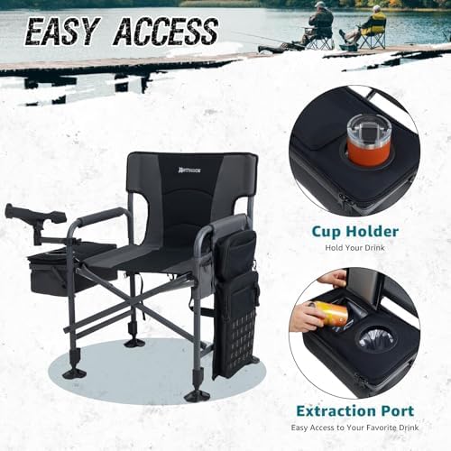 Fishing Chairs with Rod Holder, Folding Ice Fishing Chair for Adults Outdoor Camping Chair Leg Adjustable with Cooler Bag and Storage Bag for Ice Fishing, Camp, Lawn, Patio, Garden (Black)