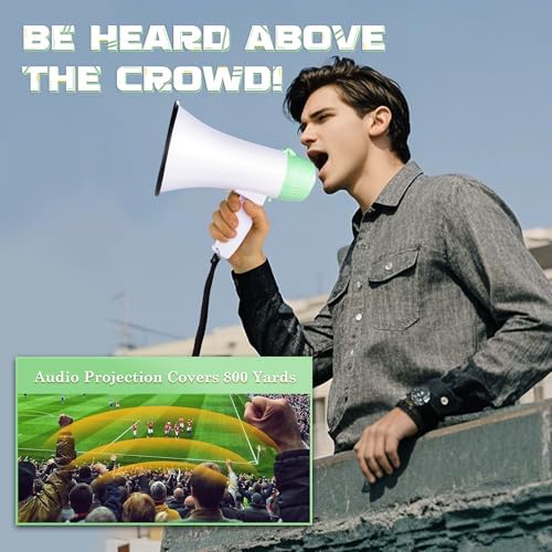 MyMealivos Portable Megaphone Bullhorn 20 Watt Power Megaphone Speaker Voice and Siren/Alarm Modes with Volume Control and Strap (White&Green)