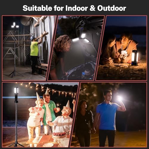 OGERY Rechargeable 10000mAh Camping Light with Stand 6.5 ft Max Height, Cordless Work Light with 3 LED Lamp Heads, 2200 Lumens Camping Essentials Gear Emergency Flashlight with Detachable Tripod