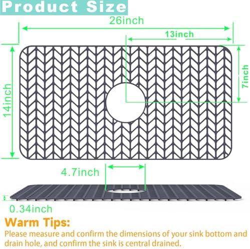 AWOKE Sink Protectors for Kitchen Sink - 26"x 14" Sink Mat - Heat-resistant Easy-clean Silicone Sink Mat - for Protection of Stainless Steel Sink - with Center Drain (Grey),Kitchen Sink Accessories