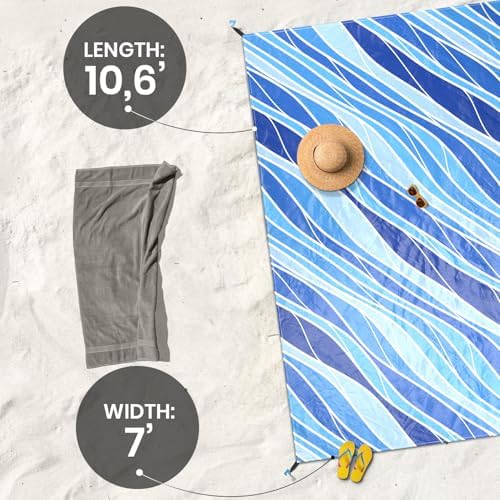 Extra Large Beach Blanket Waterproof & Sandproof 9'x10'8" for 10 People - Beach Essentials for Family, Picnic, Concert, Travel - Includes 4 (+2) Stakes - by Everlasting Comfort