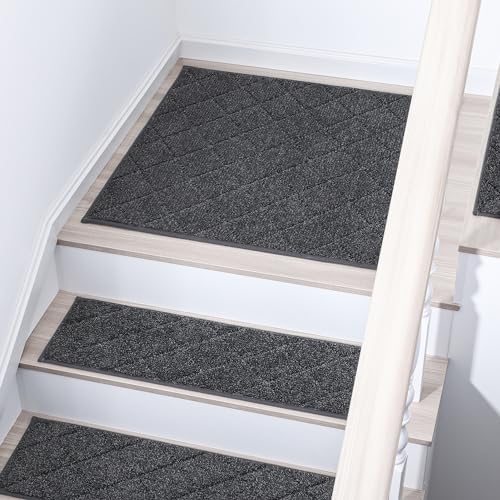 COSY HOMEER Edging Stair Treads Non-Slip Corner Indoor Stair Runners for Wooden Steps,Landing Slip Resistant Stair Rugs Mat for Kids and Dogs,100% Polyester TPE Backing,Black,30x30 inch