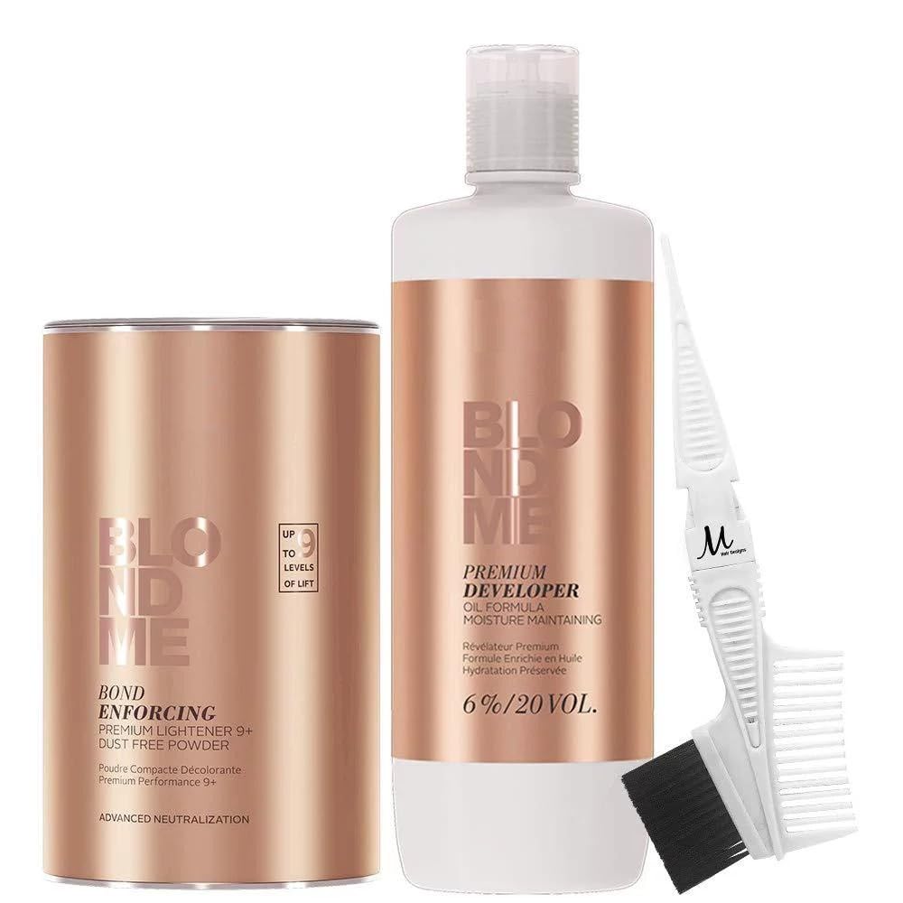 Blonde Me Bleach Powder and Developer | BlondeMe Lightener 9+ Premium Bleach 450 grams, Developer 6% / 20 Vol 1 Liter and M Hair Designs Tint Brush Comb (Bundle)