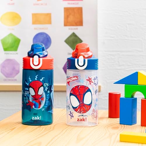 Zak Designs Marvel Spider-Man Sage Kids Water Bottle For School or Travel, 16oz Durable Plastic Water Bottle With Straw, Handle, and Leak-Proof Spout Cover, 2-Pack (Spidey and His Amazing Friends)