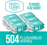 Nice 'N Clean Adult Flushable Wipes (12 x 42 Count) | Personal Cleansing Wipes Made from Plant-Based Fibers | Infused with Aloe & Vitamin E