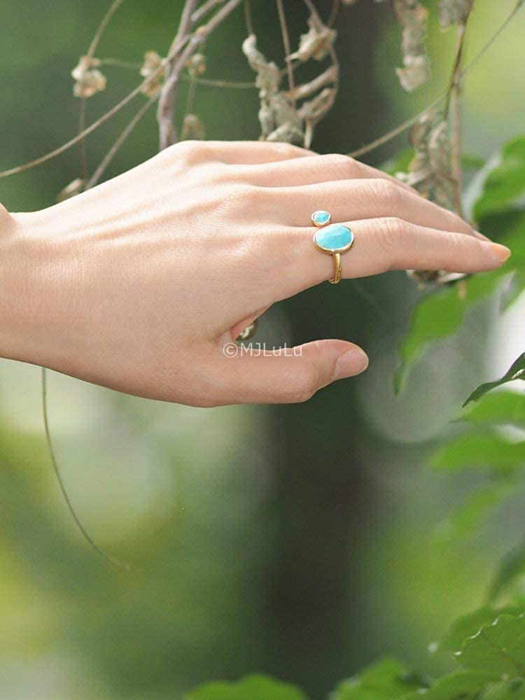 MJLULU 14K Gold-Plated Statement Ring with Simulated Blue Turquoise