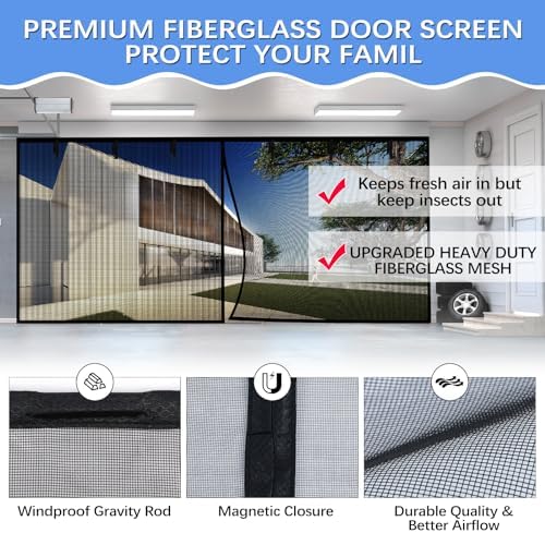 Garage Door Screen for 1 Car Garage 9x8FT, Magnetic Screen Garage with Retractable Fiberglass Mesh and Heavy Duty Weighted Bottom, Easy Assembly & Pass, Hands Free Screen Door Kit