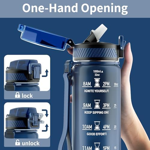 Water Bottle with Straw, 32oz Motivational Water Bottles with Time Marker to Drink, Tritan BPA Free, 1L Sports Water Bottle with Carry Strap LeakProof for Women Gym Fitness Outdoor (1 Pack)