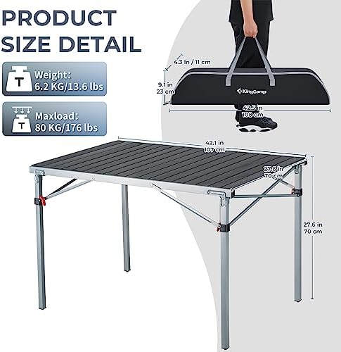 KingCamp Aluminum Folding Lightweight Roll Portable Stable Table for Camping Picnic Barbecue Backyard Party, Indoor & Outdoor, Oversize, Silver Black