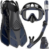 Snorkeling Gear for Adults Men Women,4 in 1 Snorkel Set with Panoramic View Diving Mask Anti-Fog Anti-Leak,Dry Top Snorkel,Fins and Travel Bag for Swimming,Snorkeling and Travel Diving