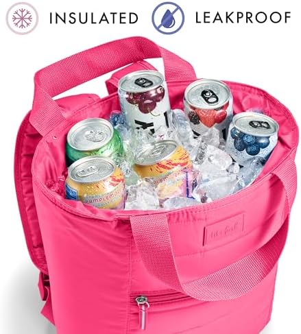 Fit & Fresh Insulated Cooler Bag, Leak Proof Waterproof Beach Cooler Backpack for Women, 18 Can Soft Insulated Cooler Tote Bag for Travel, Lunch Bag for Women, Beach Bag & Travel Bag, Hot Pink