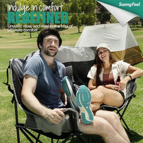 SunnyFeel Folding Double Camping Chair, Oversized Loveseat Chair, Heavy Duty Portable/Foldable Lawn Chair with Storage/Cooler for Outside/Outdoor/Travel/Picnic, Fold Up Camp Chairs for Adults 2 People