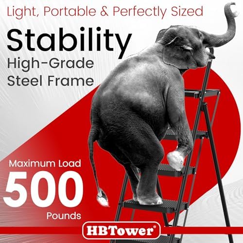 HBTower Step Ladder, Folding Step Stool with Wide Anti-Slip Pedal, Sturdy Steel Ladder, Convenient Handrail, Lightweight, Portable Steel Step Stool