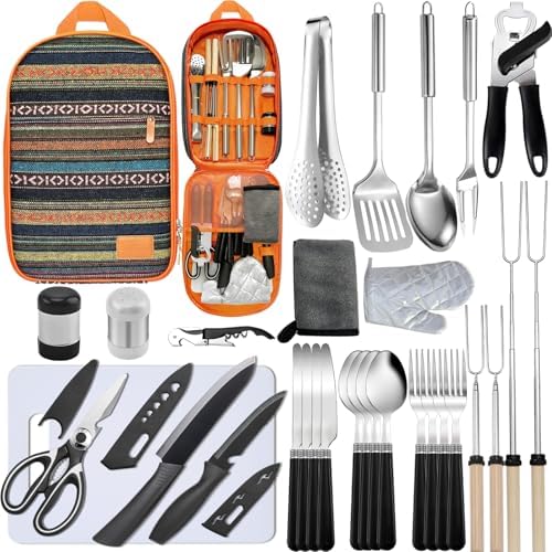 Camping Cooking Utensils Set - Camping Utensil Set Car Camping Cooking Essentials Gear for Camp Kitchen Cooking and Grilling, Stainless Steel & Silicone Ideal Gift for RV Tent Camper