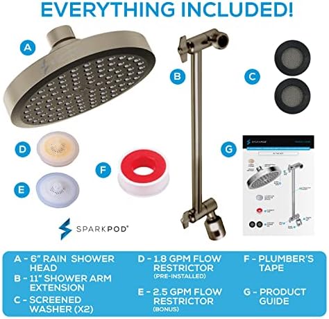 SparkPod Round Rain Shower Head with Extension Arm - Height Adjustable Shower Head with High Pressure Performance - Easy 1-Minute Installation (11" Arm Extension, Elegant Brushed Nickel)