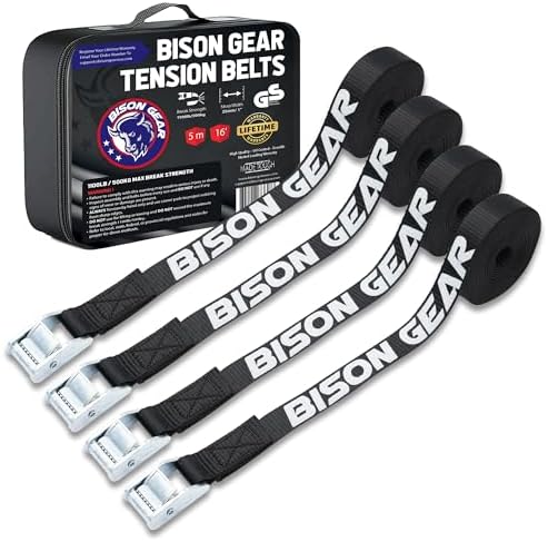 BISON GEAR Premium Tie Down Straps - (Car Roof Rack Straps for Surfboard Kayak or Cargo Lashing) 16ft Heavy Duty Cam Straps with Buckles - 4 Pack