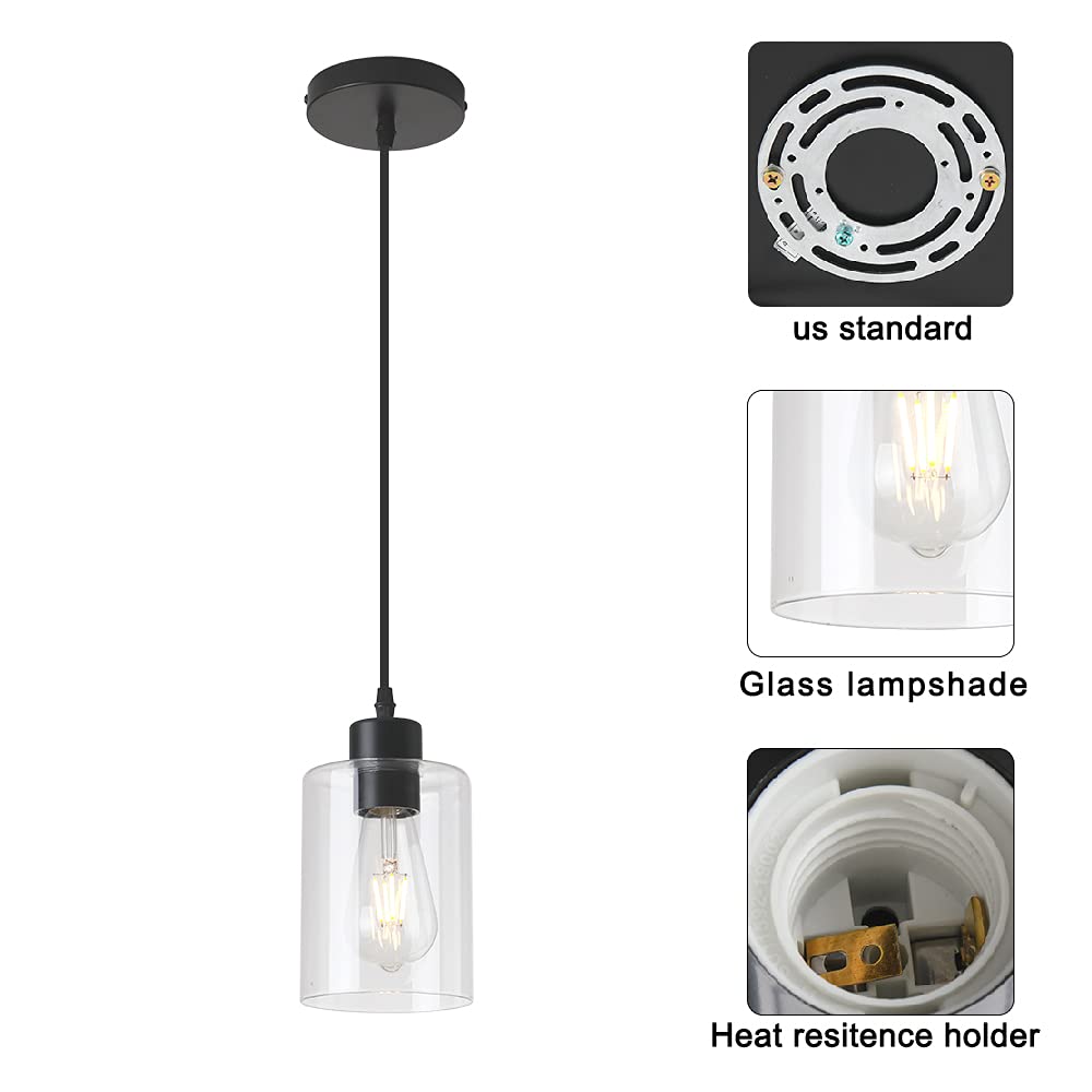KLSS Modern Black Farmhouse Clear Glass Cylinder Pendant Light Fixture,Island Lights for Kitchen,Mini Pendant Lighting for Kitchen Island Decor - 4.75 Inch Shade 58 Inch Cord (Black 2 Pack)