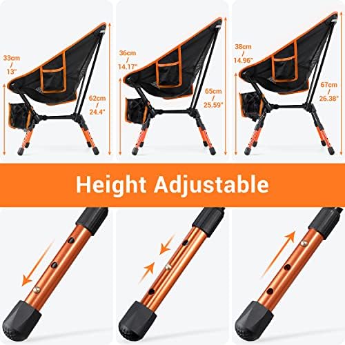 Sportneer Camping Chairs: 3 Heights Adjustable Folding Chairs for Outside with 2 Side Pockets - Compact & Portable Lawn Chairs for Backpacking, Camping, Hiking, Picnic and Travel (2, Orange)