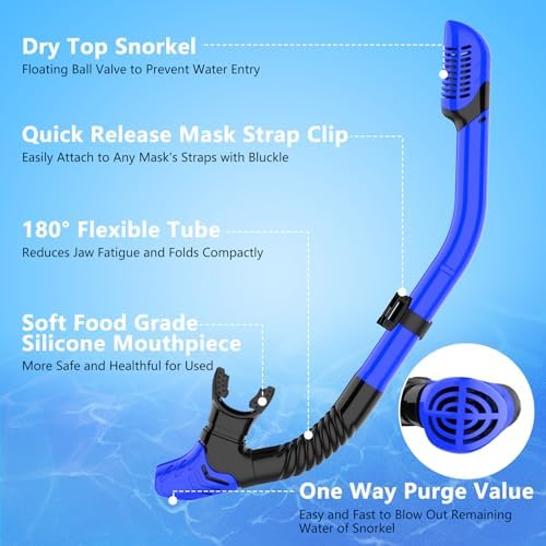 Snorkeling Gear for Adults, Dry-Top Snorkel Set Scuba Diving mask, 180°Panoramic Wide View Professional Snorkeling Gear Breathing Freely Snorkel Mask