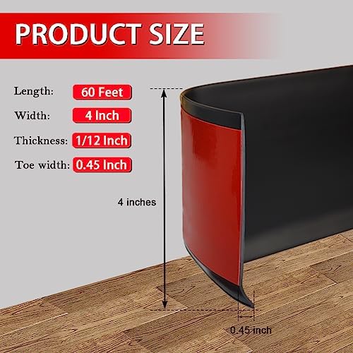 Vinyl Wall Base Baseboard Molding Trim 4" Flexible Self Adhesive Rubber Wall Base Moulding Trim Peel and Stick Design, 4 Inch x 60 Feet, Black