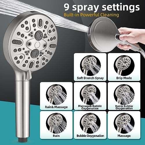 Cobbe Handheld Shower Head with Filter, High Pressure 9 Spray Mode Showerhead Built-in Power Wash with Hose, Bracket and Water Softener for Hard Water Remove Chlorine, Brushed Nickel