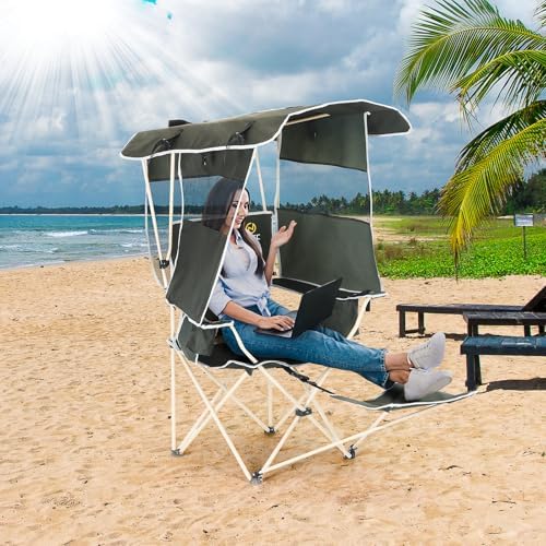 Nice C 2-P Green Camping Chair with Canopy, Shades, Removable Footrest, Cooler Bag, Cup Holder, Foldable, Portable, Outdoor, 400 lbs Capacity