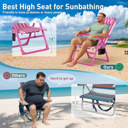 Suteck Backpack Beach Chair, 6-Positions Beach Chairs for Adults with Cooler Bag, Reclining Beach Chair with Cup Holder Folding Camping Chair for Sand Outdoor