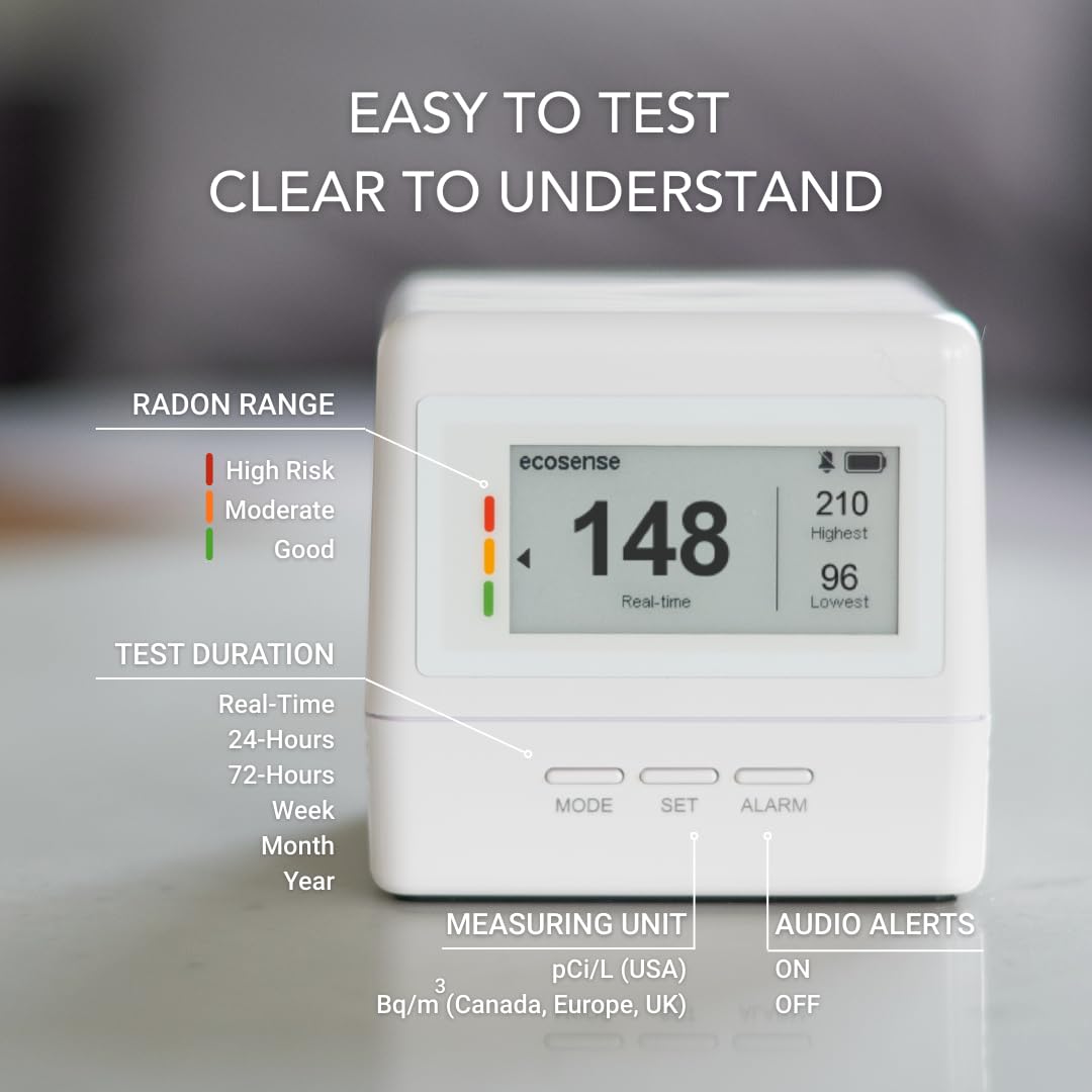 Ecosense EcoQube Flex Smart Radon Detector - Battery Powered Continuous Radon Monitor for Home Use with Always-On Display, Bluetooth App, Daily, Weekly, Monthly & Yearly Fluctuations on App