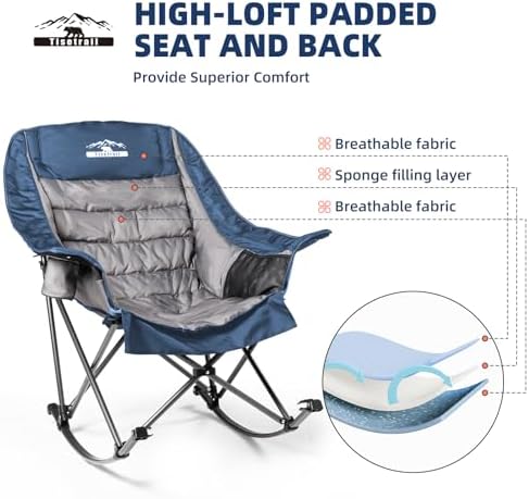 Oversized Rocking Camping Chair, Fully Padded Camp Chairs for Adults with Side Pocket and Cup Holder, Heavy-Duty 400lbs Capacity, Blue & Gray