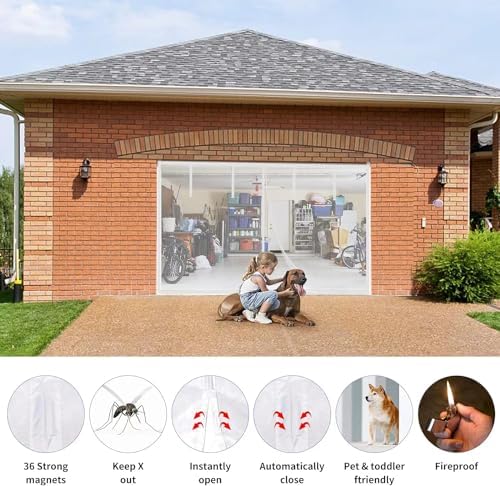 Magnetic Garage Screen Door for 1 Car Garage Doors up to 9x7FT- Reinforced Self Sealing Fiberglass Mesh Door Screen with 4 Strapping Tapes, Hands Free Door Screen with Closure Weighted Bottom, White