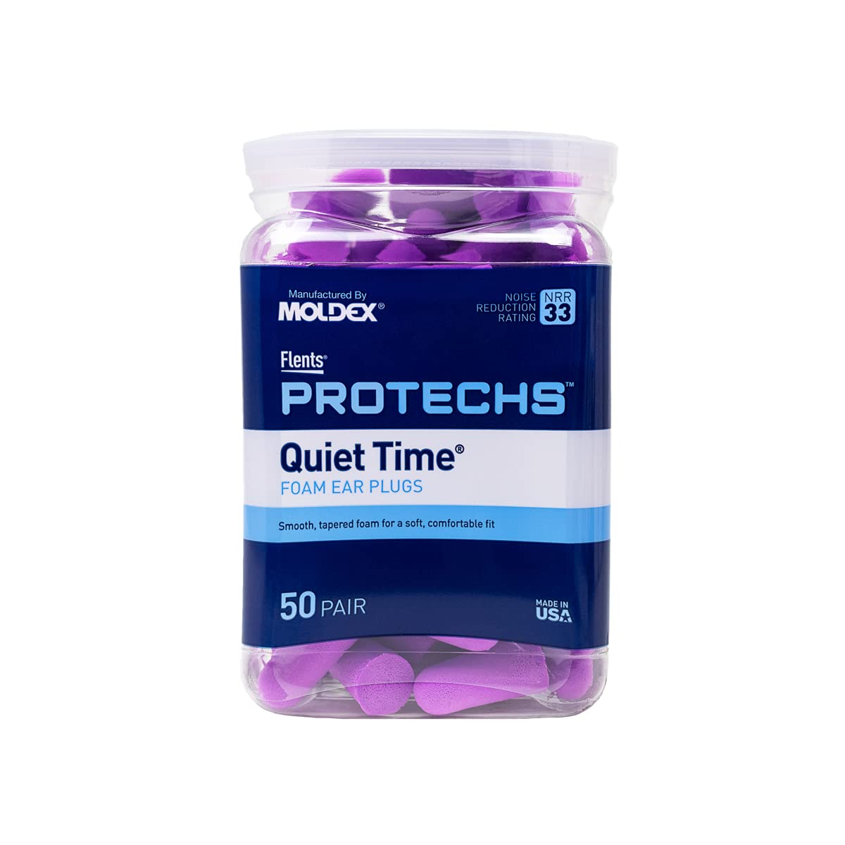 Flents Protechs Foam Ear Plugs, 50 Pair for Sleeping, Snoring, Loud Noise, Traveling, Concerts, Construction, Studying, Work, Shooting, NRR 33, Noise Cancelling, Disposable, Purple, Made in the USA