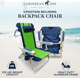 CARIBBEAN JOE Folding Beach Chair, 5 Position Portable Backpack Foldable Camping Chair with Headrest, Cup Holder, and Armrests, Navy/Green
